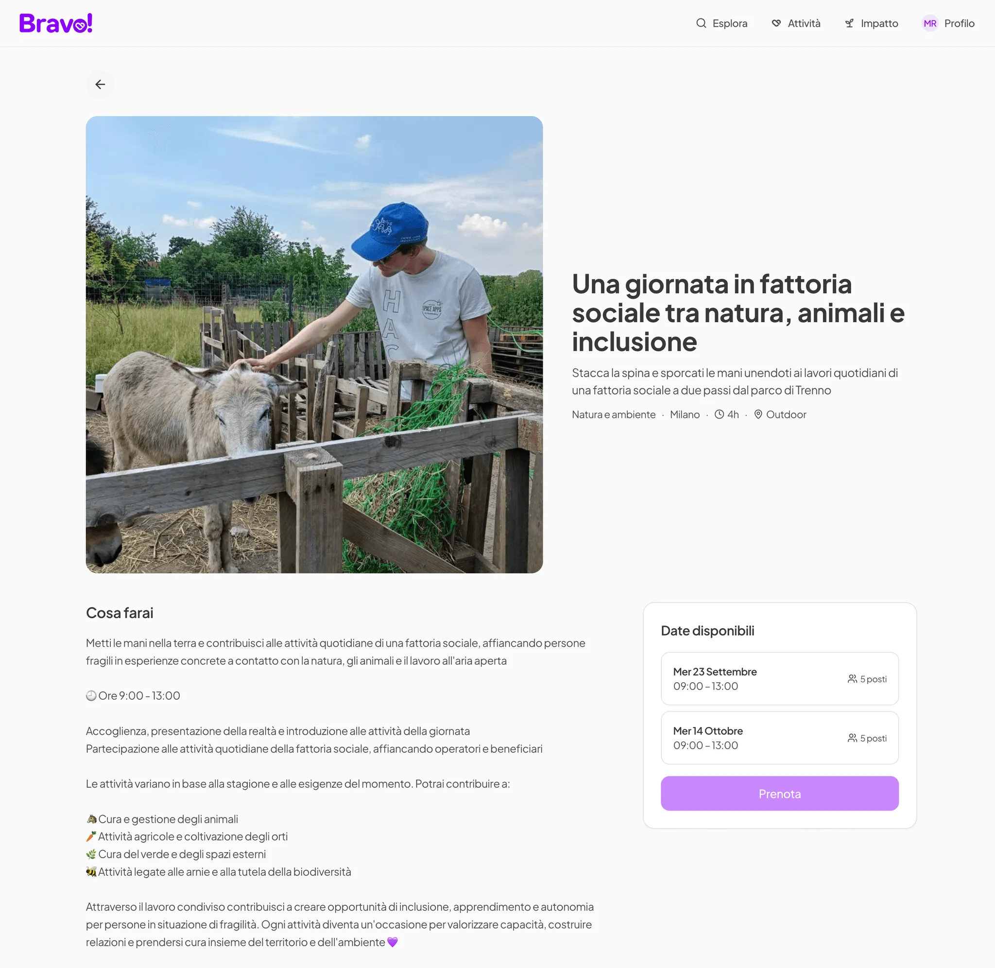 Schermata dell'app Bravo!: la scheda di un'esperienza in una fattoria sociale, con le date disponibili e il tasto Prenota